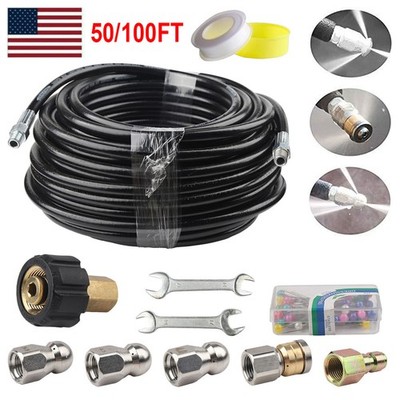 50/100FT 5800PSI Sewer Jetter Nozzle Kit Drain Cleaning Hose for Pressure Washer