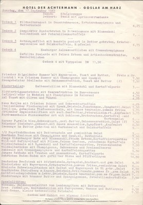 1967 GOSLAR AM HARZ, GERMANY vintage German dinner menu HOTEL DER ACHTERMANN