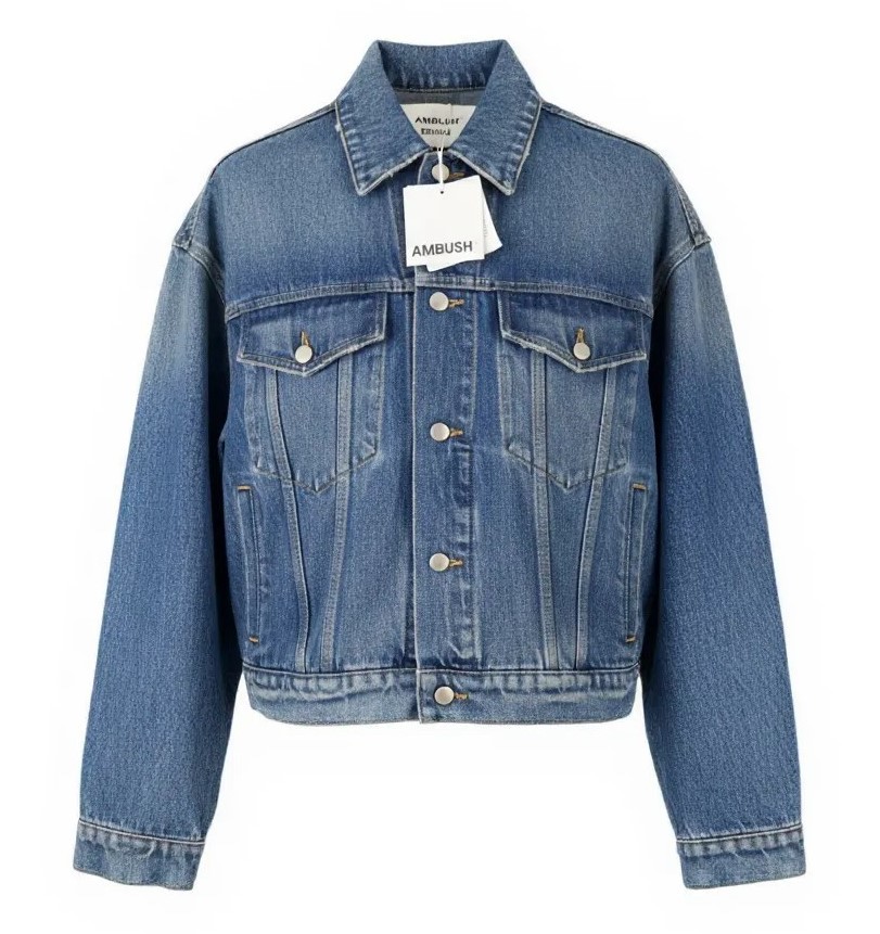 AMBUSH Cropped Denim Women Jacket S Blue Aged Fade Button Oversize Trucker