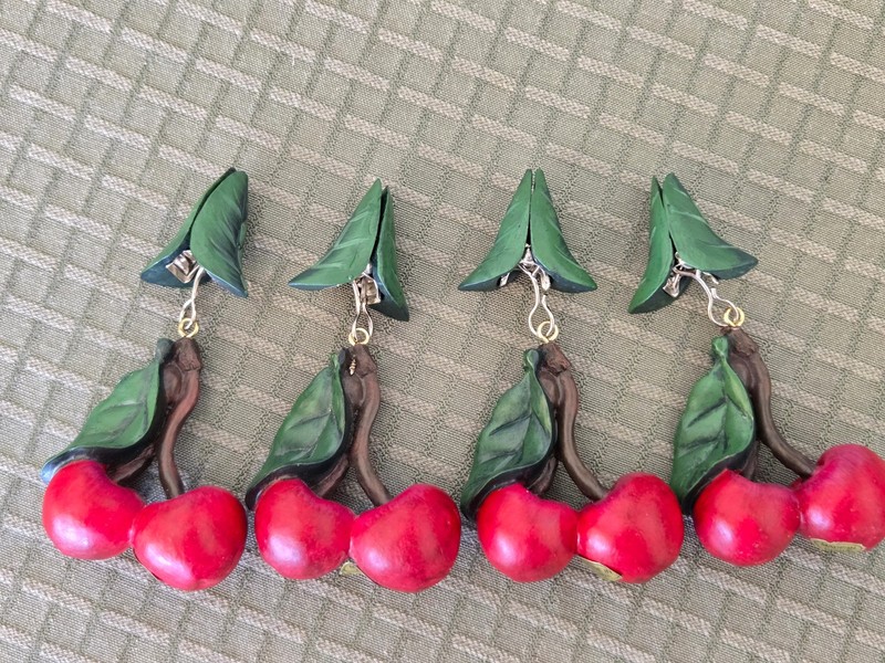 Set of 4 - CHERRIES Shaped Table Cloth Clip-On Weight Clips w/Stickers - NEW