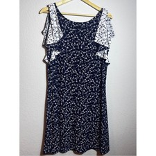 Chaps Dress Womens XL Navy Blue White Floral Cold Shoulder Ruffle Shift