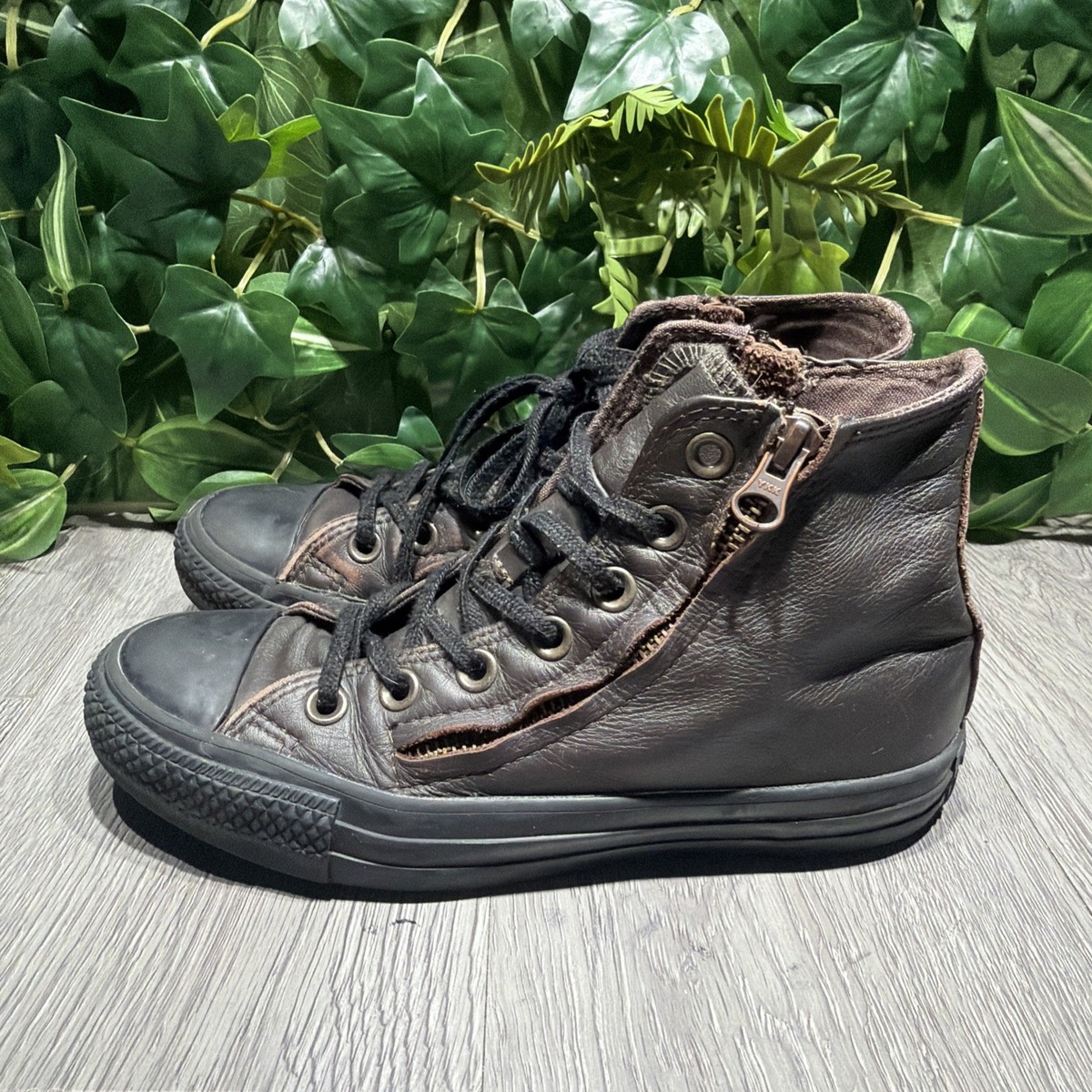 Converse All Star Dark Brown Leather Double Zip Sneakers Hi Tops