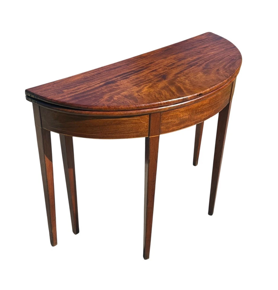 Antique George III Era Mahogany & Satinwood Inlaid Demi-Lune Console Game Table - Image 2 of 4