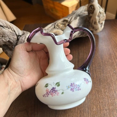Vintage Fenton Hand Painted Signed Pitcher Purple Ruffled Top Floral milk glass