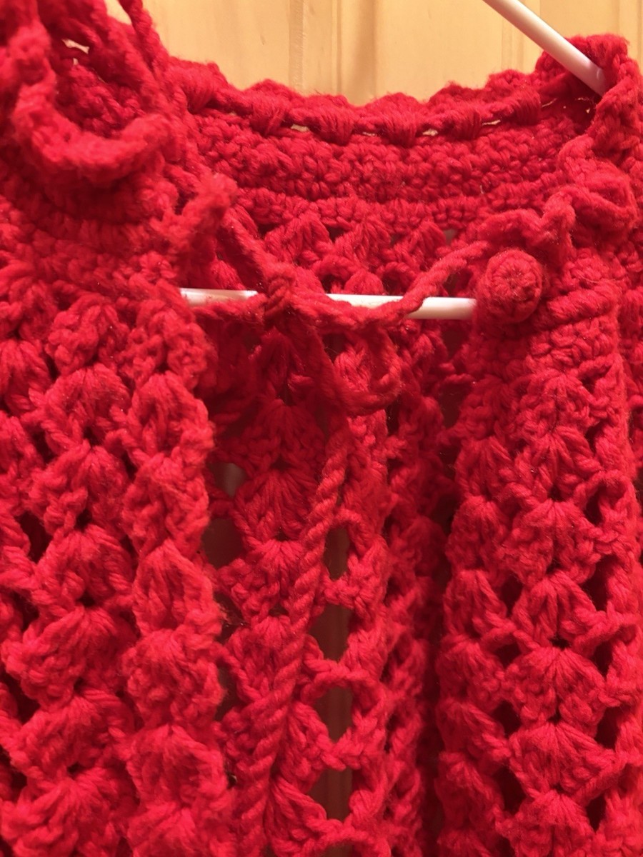 Vintage Homemade Crochet Little Red Riding Shawl View 2