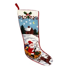 Vintage 17" Wool Santa in Sleigh Leaving House Christmas Stocking Red Back