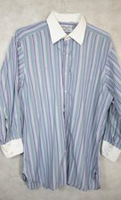 GORGEOUS Turnbull Asser 3 Button Cuff Dress Shirt Blue and Green Stripe 17x32