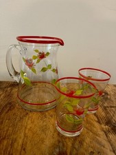 Vintage hand Painted floral Glass pitcher Jug With matching tumblers