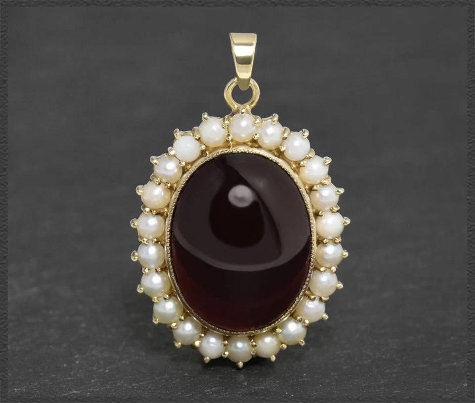 Vintage 21ct Granat & weiße Perlen Anhänger aus 333 Gold, Damen Gleiter um 1970 - Bild 4 von 4