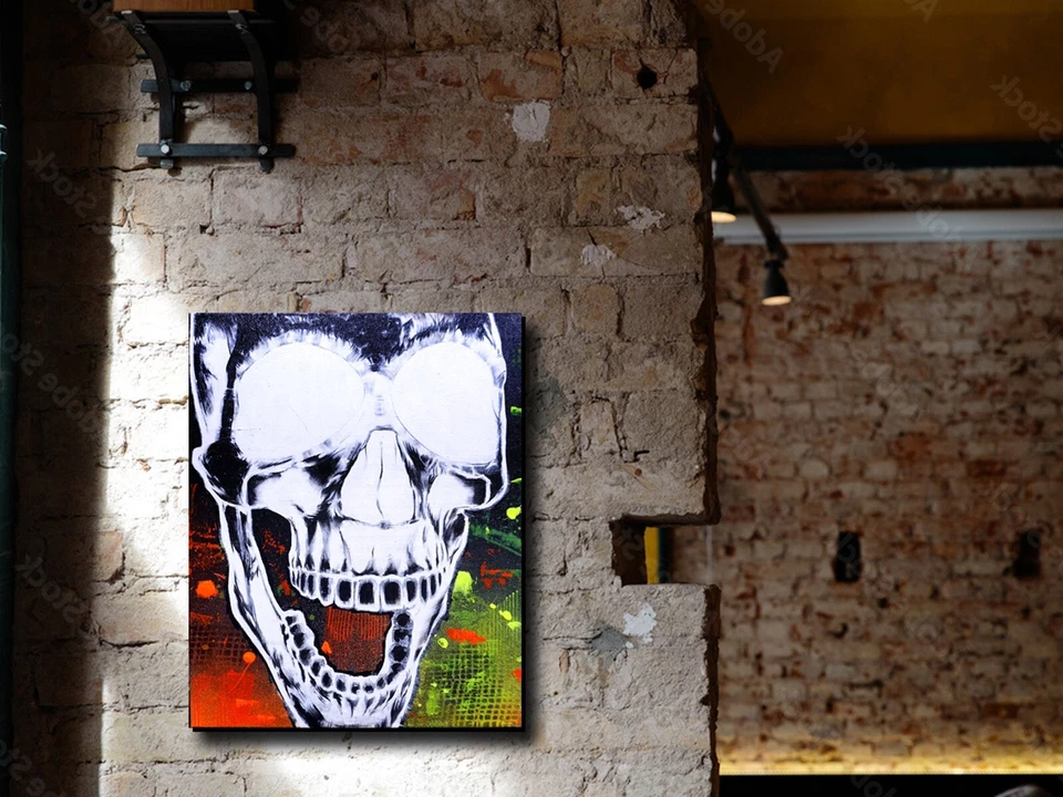 Retrato Pintura Calavera Brillante - Arte Original - 16"x20" - Luz Negra UV Foto 2 de 4