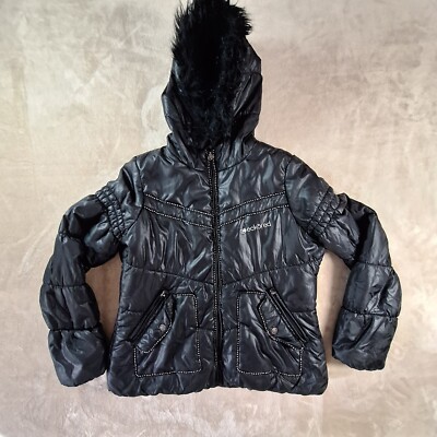 Ecko Red Jacket Women's Large Black Quilted Faux Fur Hooded Bedazzled