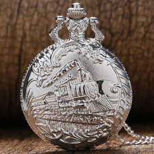 Vintage Steampunk Train Silver Necklace Pocket Watch Quartz Fob Pendant Chain