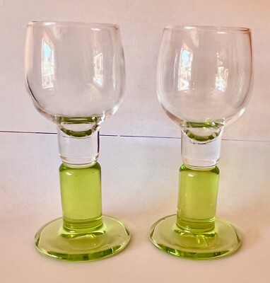2 Lime Green Stem Goblet Cordial ITALY Liqueur or Port Glasses Bormilio Rocco