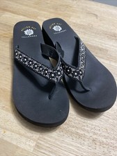 Yellow Box Wedge Flip Flops Black Leather W Rhinestones Beads Size 11