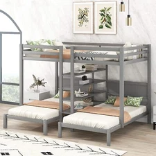 Solid Wood Triple Bunk Bed w/ Bookshelves Platform Bed Frames Guest Bed Sofa Bed