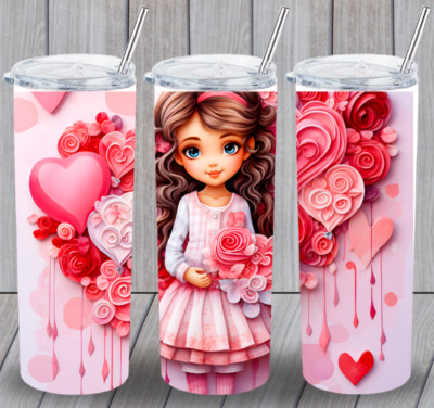 Valentines Day 5 Girl Flowers Hearts Multicolor 20oz Insulated Tumbler New 