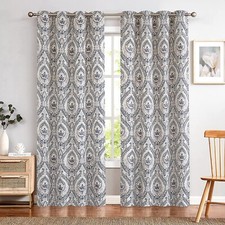 Linen Textured Curtains for Bedroom Damask Printed Room Darkening