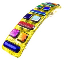 Dichroic Glass Hair Barrette Yellow Rainbow Square Color Block 3.5" 90mm Clip
