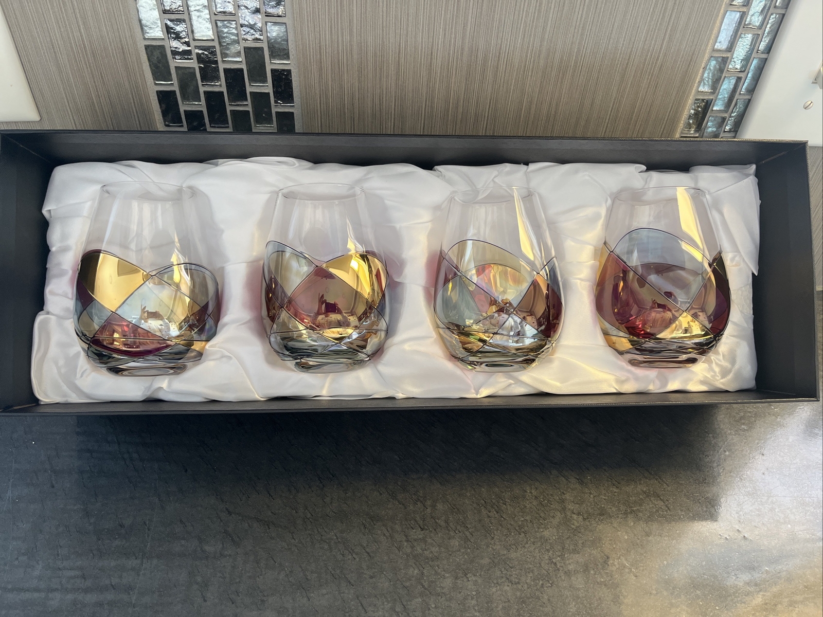 Barcelona Stemless Wine Glasses. Set Of 4. New In Original Box