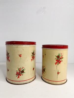 Empeco Tin Nesting Cannisters Lot 2 Red Rose Floral Bouquet 6 & 6.5''