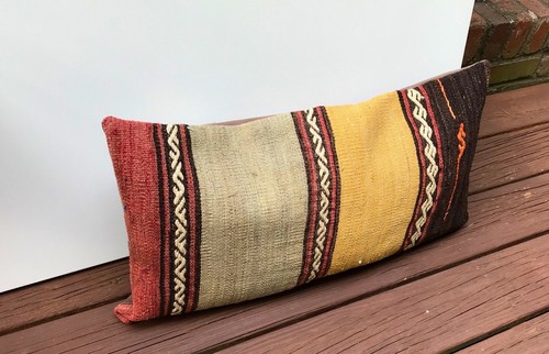 Turkish Kilim Pillow Cover Throw Pillow made of Vintage Handwoven Rug 28x15" - Picture 7 of 7