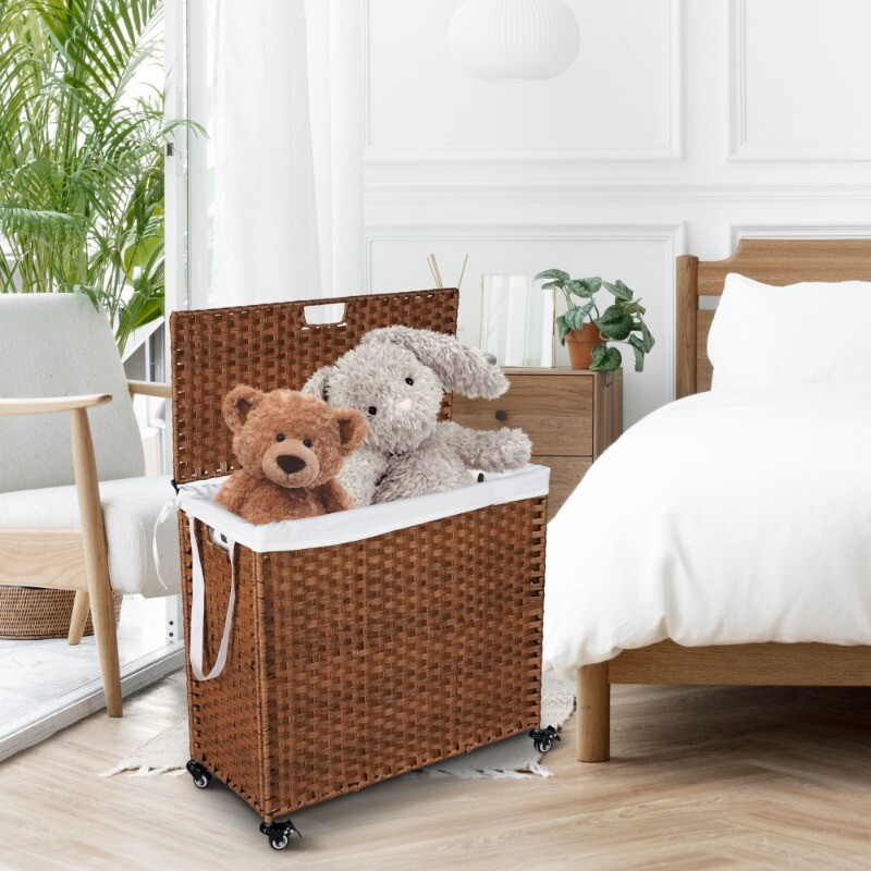 160L PE Rattan Powder-Coated Laundry Hamper with Lid and Wheels-image