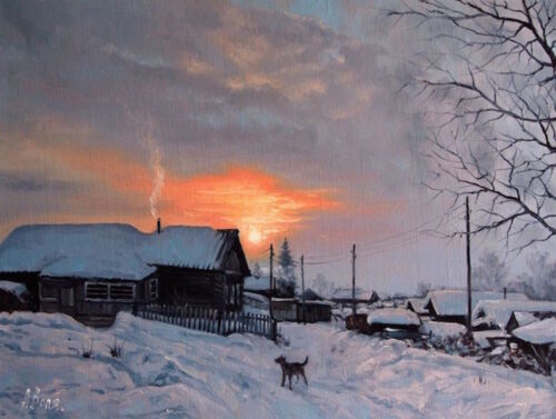 ORIGINAL RUSSE HIVER SNOWY COUCHER DE SOLEIL PAYSAGE ART PEINTURE À L'HUILE ALEXANDER VOLYA ! - Photo 1/1