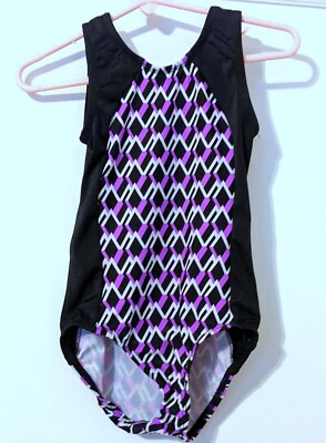 Snowflake Designs Gymnastics Leotard Black Purple White Geometric Printed Sz CS