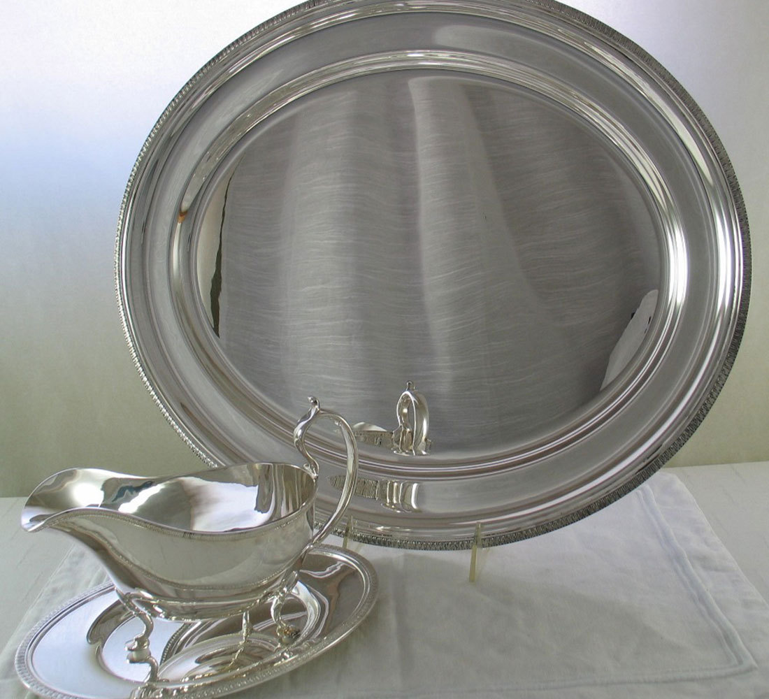 Silver Round Platter 16 in. and Sauce/Gravy Boat with French Gadroon, Border
