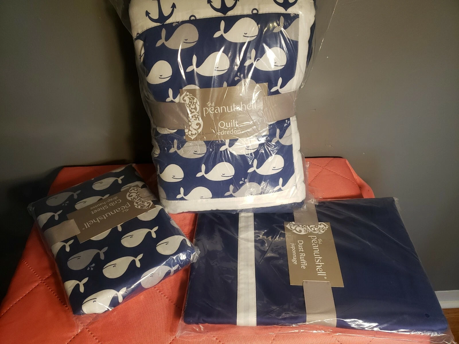 The Peanut Shell Navy Wales Print & Chevron Baby Crib Quilt set of 3