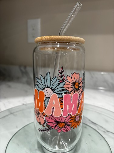 Mama Floral Glass Cup | Trendy Pattern | Iced Coffee Glass 16 OZ | Gift For Mom - Picture 2 of 2