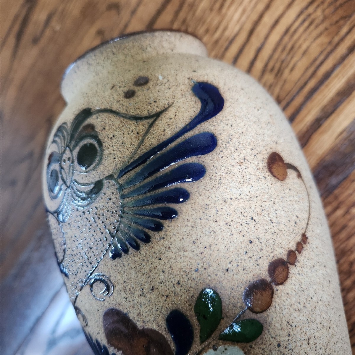 Hand Painted Tonala Sandstone Pottery Vase Owl & Flowers 8