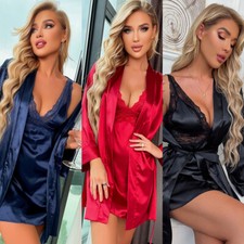 3Pcs Lingerie Set Women Silk Robe Babydoll Sleepwear Nightdress Pajamas Set Gift