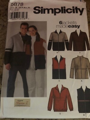   SIMPLICITY #5878 - ADULT (6 STYLE-GREAT FOR FLEECE) JACKET PATTERN  XS-XL FF
