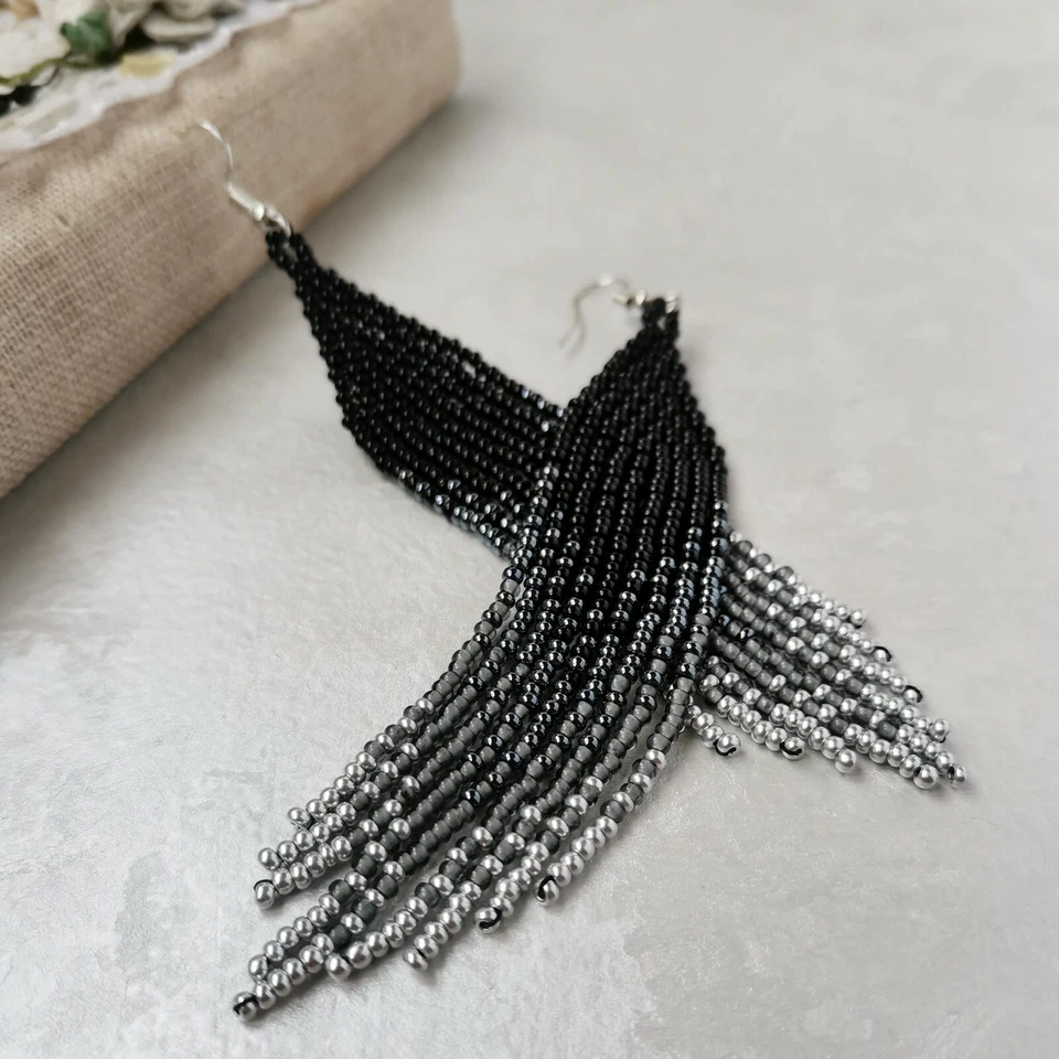 Negro Gris Plata Semilla Larga Flecos Pendientes Boho Cuelga Cuentas Joyería Regalo Foto 2 de 4