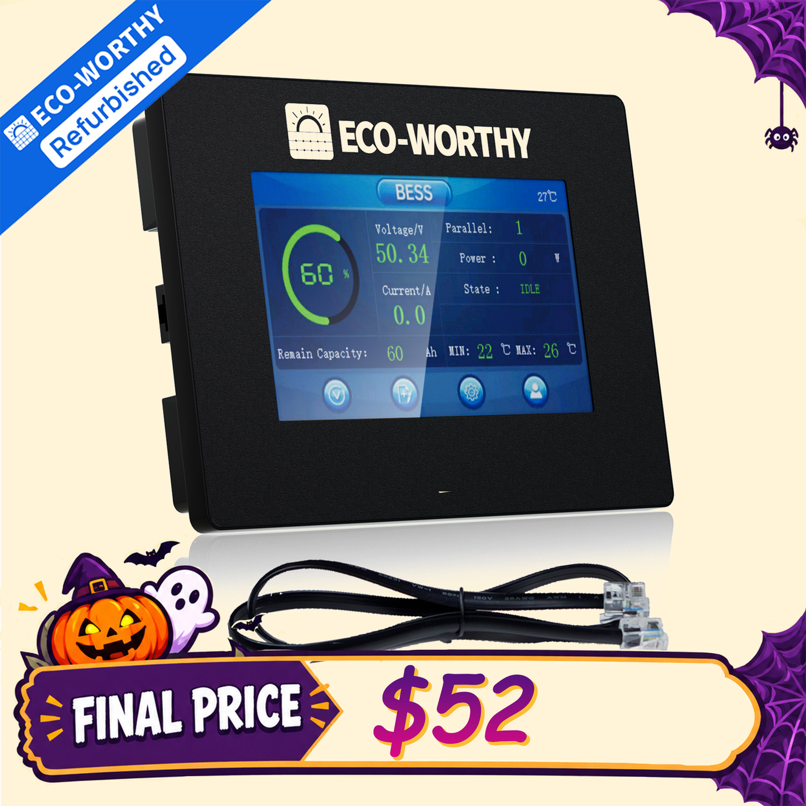 ECO-WORTHY 48V Battery Compatible Plug&Play Magnetic Mount Real-time Monitor
