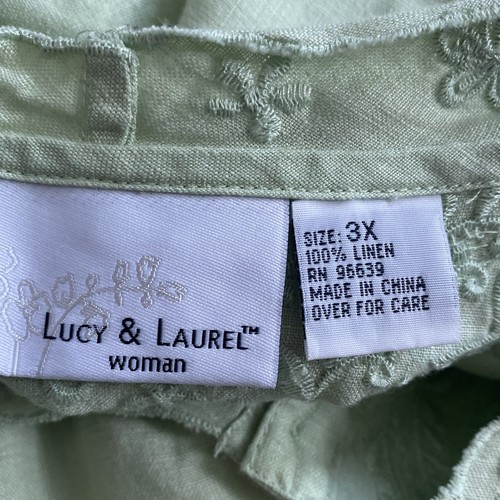 Womens Linen Shirt Light Green Embroidered Lagenlook Minimalist Career Brunch 3X - Picture 11 of 13