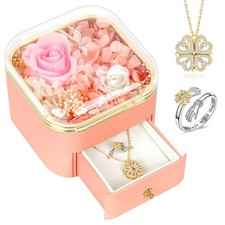 Valentines Day Gift Preserved Roses in a Box with Necklace Ring Pink Set