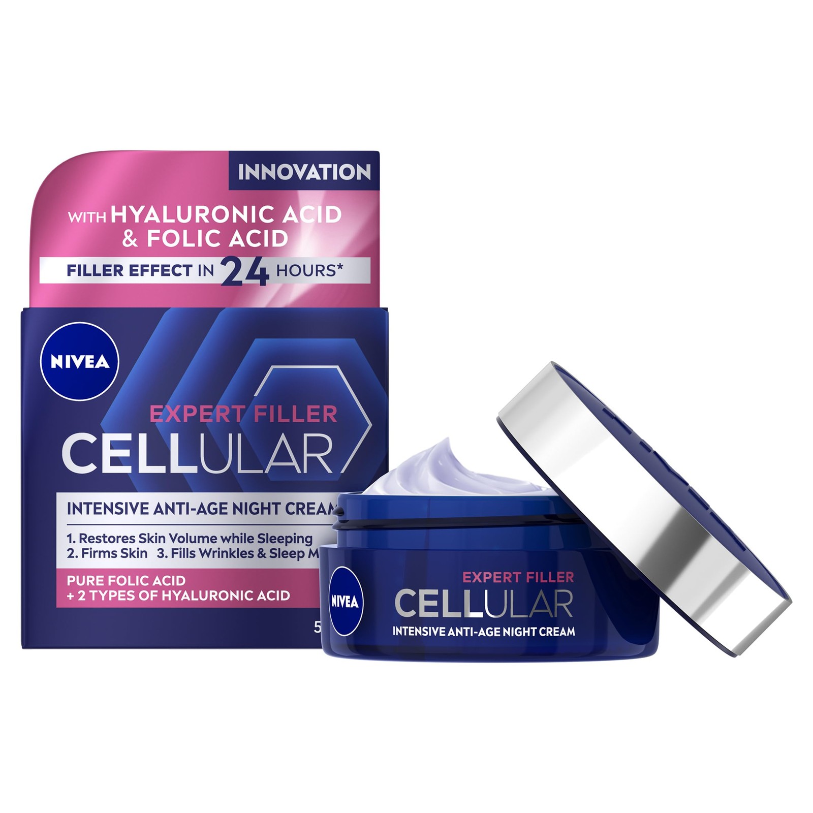 Nivea Hyaluron Cellular Filler Anti-Age Night Cream (50Ml), Night Cream For Women With Hyaluronic Acid And Magnolia Extract, Anti Wrinkle Night Cream, Night - Image 2