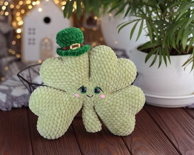 Handmade Plush Four Leaf Clover Toy, Crochet Lucky St Patrick s Day Gift
