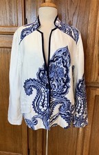 Chicos Jacket 3 XL 14-16 Womens Linen White Blue Paisley Spring Summer