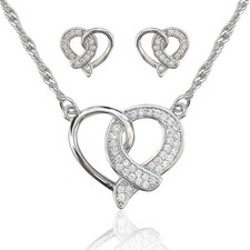 Silver Plated CZ Heart Necklace  Earring Set NE17410S
