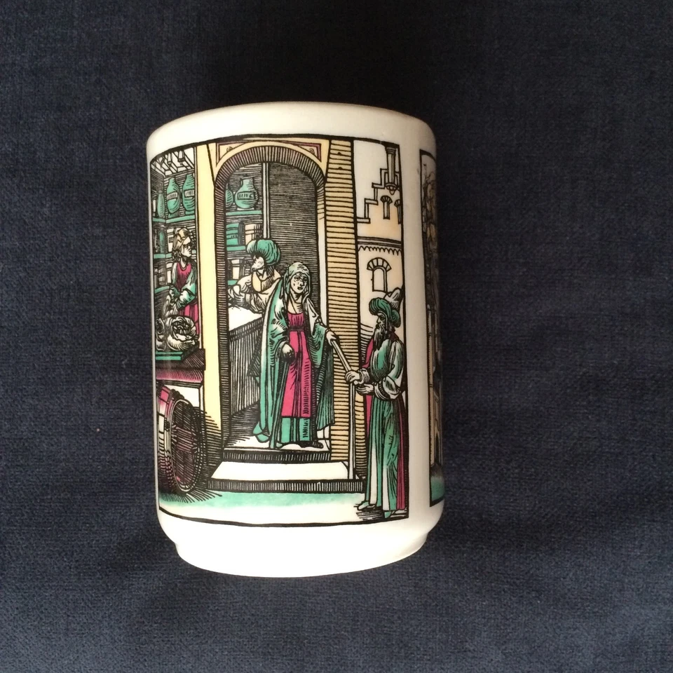 1950KW Dehme Keramik Dose Mid Century Dekor Paris Mittelalterliche Motive Becher - Bild 3 von 4