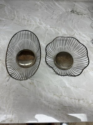 2 Vtg Silver Round Wire Bread Fruit Basket Flower Shape Retro MCM