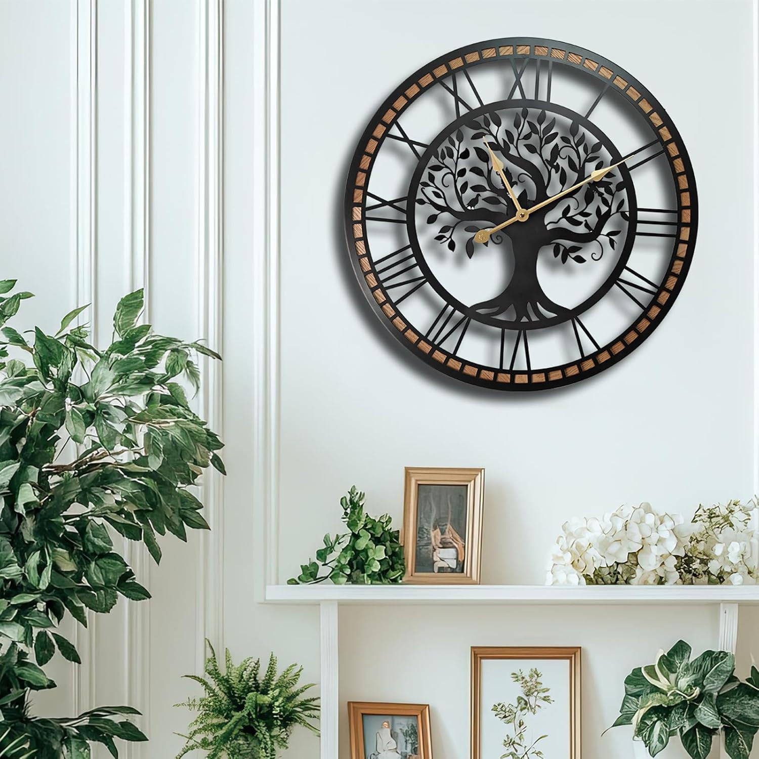 Silent Large Wall Clock: 24 Inch Tree of Life Metal Black wi