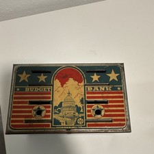 Vintage Tin Budget Bank Coin Bank w/ Key Lock & Interior Compartments