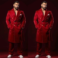 Red Men's Overcoat Peak Lapel Double Breasted Formal Casual Outdoor Long Coat