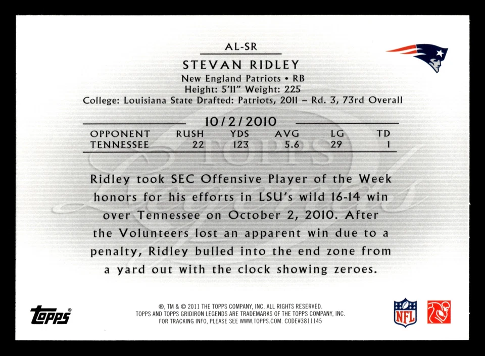 Stevan Ridley 2011 Topps Gridiron Legends #AL-SR Aspiring Legacies - Image 2 of 2