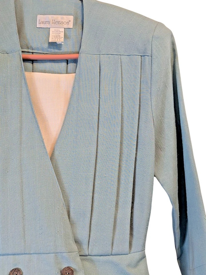 Traje de vestir vintage de mujer Laura Henson talla 6 verde plisado falda hombreras Foto 3 de 4