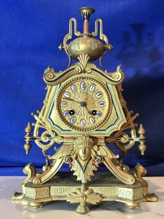 Antique French Japy Freres Bronze Mantel Clock Porcelain Cartouche Dial Griffins